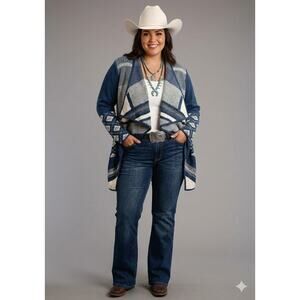 K Jordan Cardigan Sweater Womens 2X Blue Geometric Textured Open Front Tunic Top